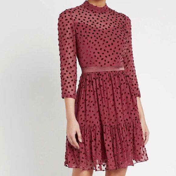 Rebecca Taylor Velvet Flocked Dot Holiday Dress in Wine - Picture 1 of 16